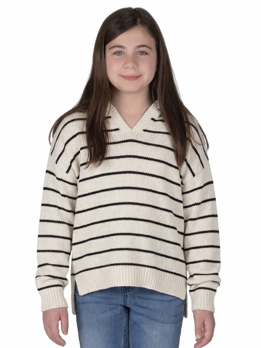 DKNY Cream and Black Striped V-Neck Sweater (Size 10-12)